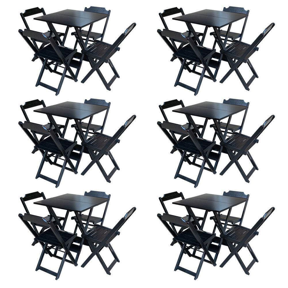 Kit 6 Jogos De Mesa Com 4 Cadeiras De Madeira Dobravel 70X70 - Preto - Preto