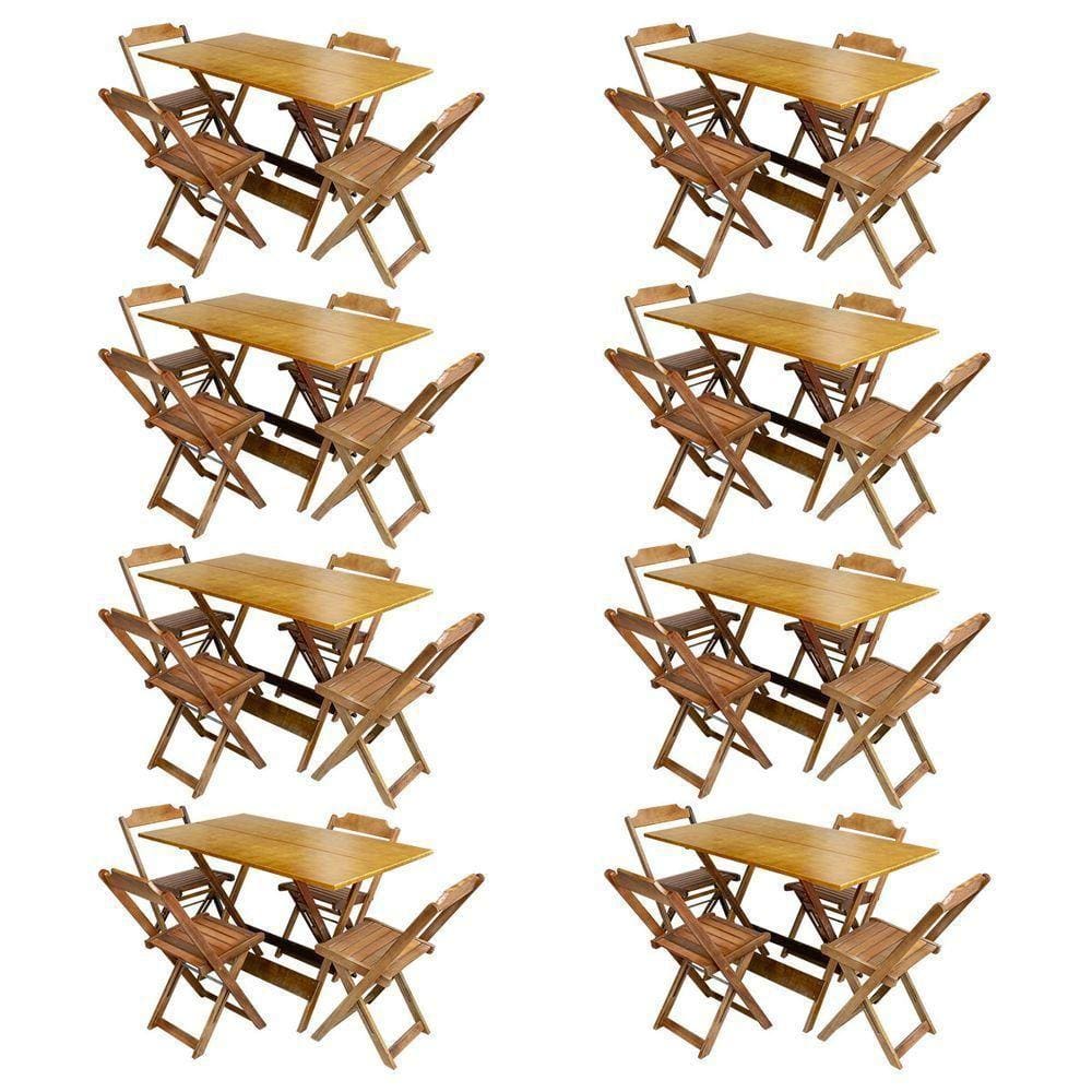 Kit 8 Conjuntos De Mesa Com 4 Cadeiras De Madeira Dobravel 120X70 Mel - Amarelo