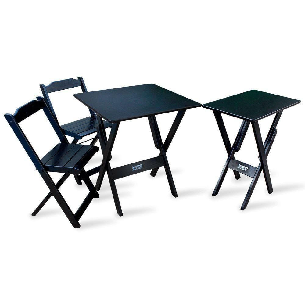 Conjunto De Mesa Dobrável 70x70 Com 2 Cadeiras + Mesa Aparador Tarimatã Para Area Gourmet - Preto