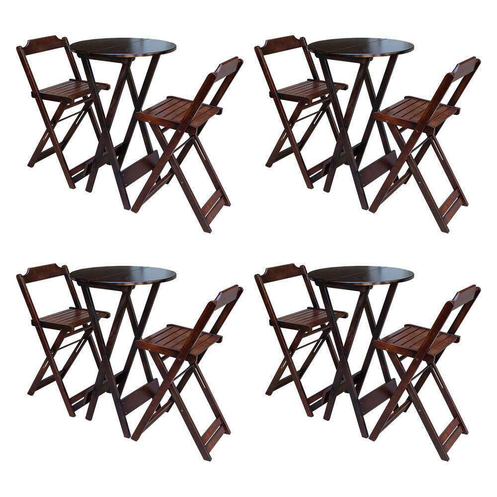 Kit 4 Conjuntos De Mesa Bistrô Dobraveis Em Madeira Padrão Com 2 Banquetas Altas - Imbuia - Marrom