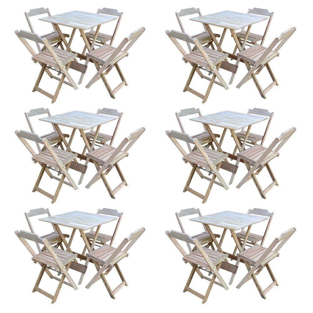 Kit 6 Conjuntos De Mesa Com 4 Cadeiras De Madeira Dobravel 70X70 Sem Pintura/Crua - Marrom