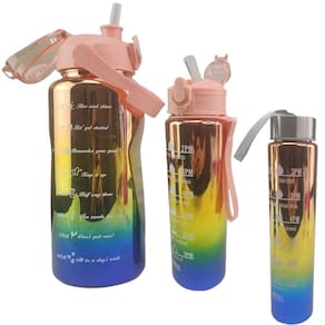Garrafa Motivacional Metalica Kit 3 Metalica Agua Cha Treino Academia Viagem Passeio 2 Litros 900Ml 300Ml