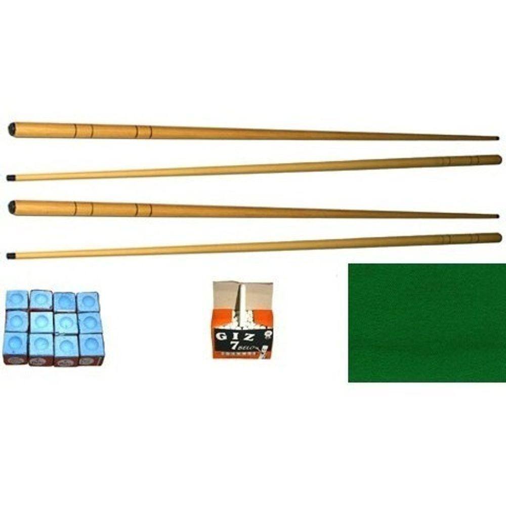 Kit 4 Taco 1,30 + Giz Azul + Giz Branco + 2,5m Tecido Pano Para Mesa Sinuca