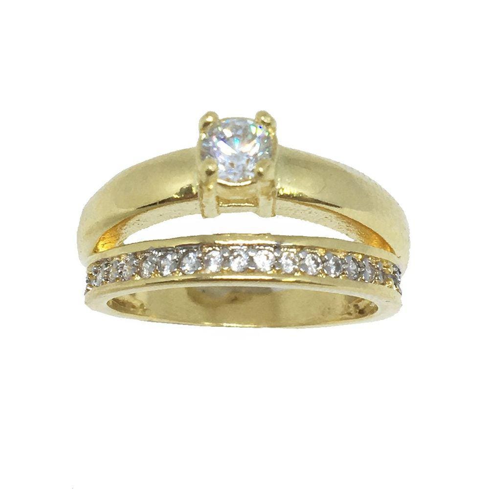 Anel Conjunto Solitário e Aparador Semijoia Banho De Ouro 18k Cravação De Zircônia Detalhe Em Ródio