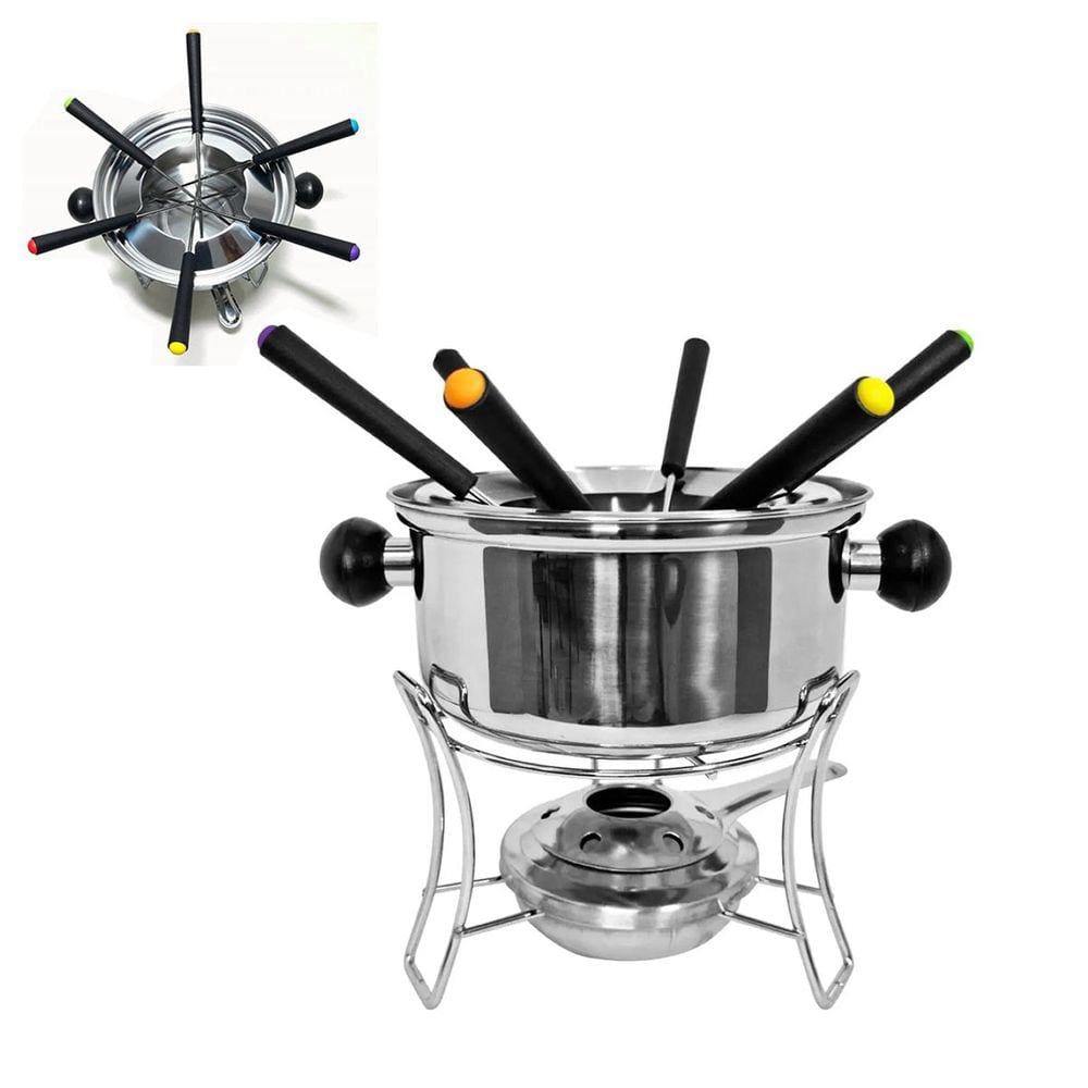 Conjunto Fondue Inox 10 Peças Fogareiro Panela Chocolate Queijo Vinho Aparelho Cozinha Gourmet Frio Inverno