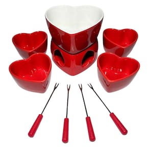 Conjunto Fondue Ceramica 10 Peças Coraçao Garfo Panela Chocolate Queijo Noite Fria Outono Inverno Cozinha