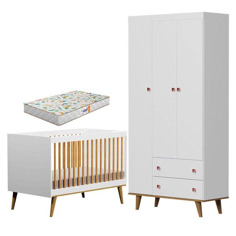Berço Ligia e Guarda Roupa Fernanda 3 Portas Branco Bétula com Colchão Gazin - Carolina Baby
