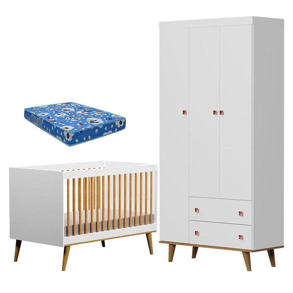 Berço Ligia e Guarda Roupa Fernanda 3 Portas Branco Bétula com Colchão Ortobom - Carolina Baby