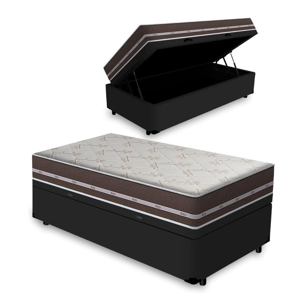 Cama Box com Baú Solteiro Preta + Colchão De Molas - Anjos - Classic Superlastic 78x188x64cm