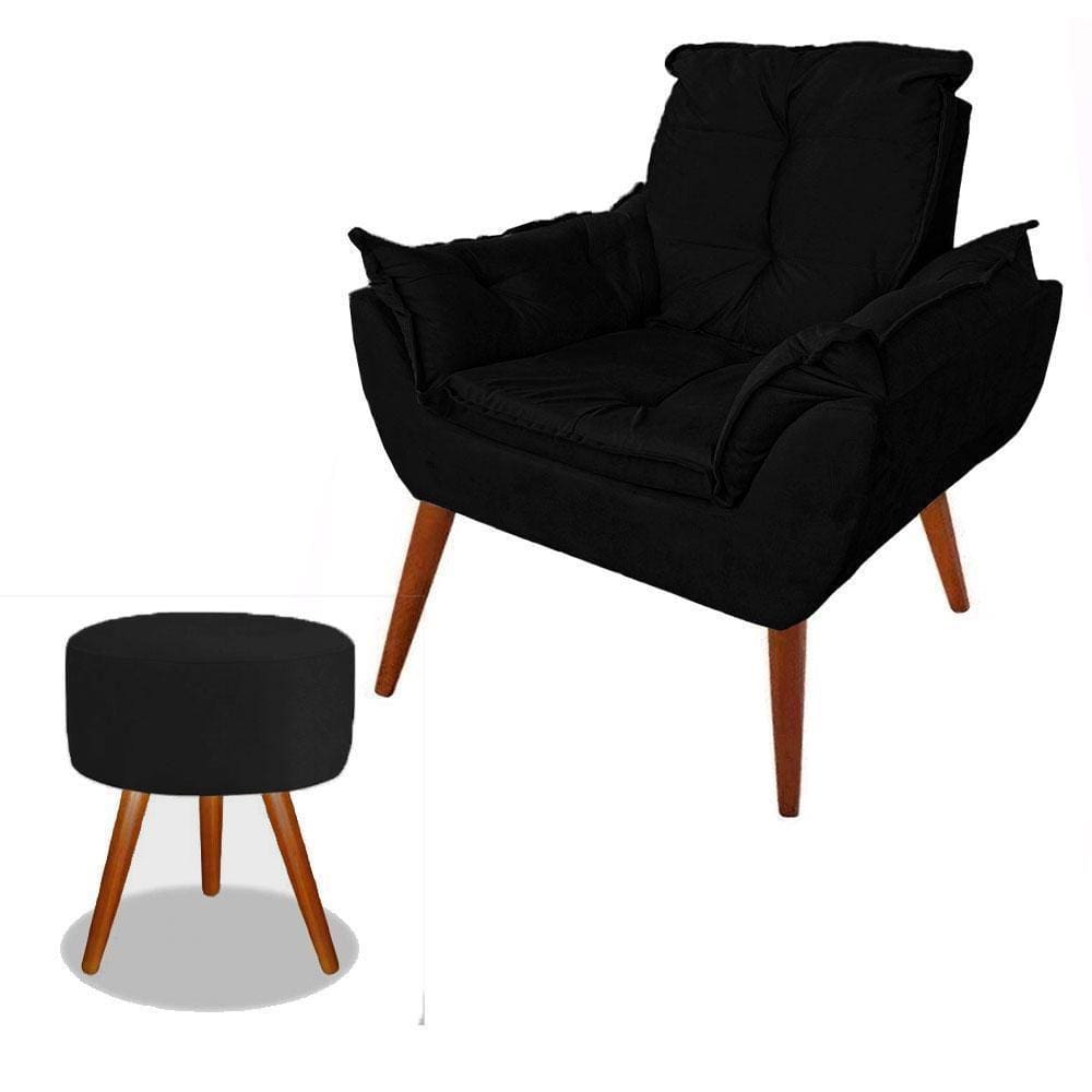 Poltrona Cadeira Para Sala Suede Preto Black + Puff