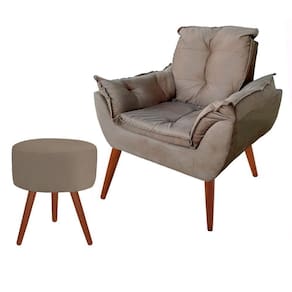 Poltrona Decorativa Para Quarto Suede Capuccino + Puff Banco