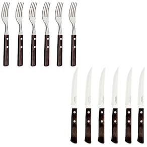 Kit Churrasco Faca e Garfo Polywood Castanho Aço Inox 12 Peças Tramontina
