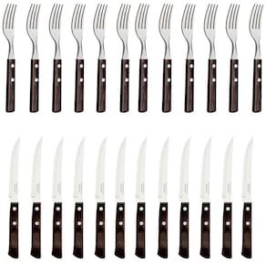 Jogo com 24 Talheres Garfo e Faca Polywood Castanho Aço Inox Cozinha Restaurante Tramontina