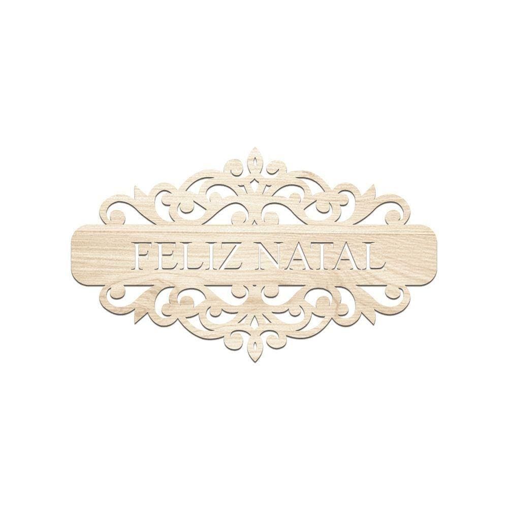 Placa Feliz Natal Com Arabesco 30cmx17cm - Cria Arte Laser Madeira Clara