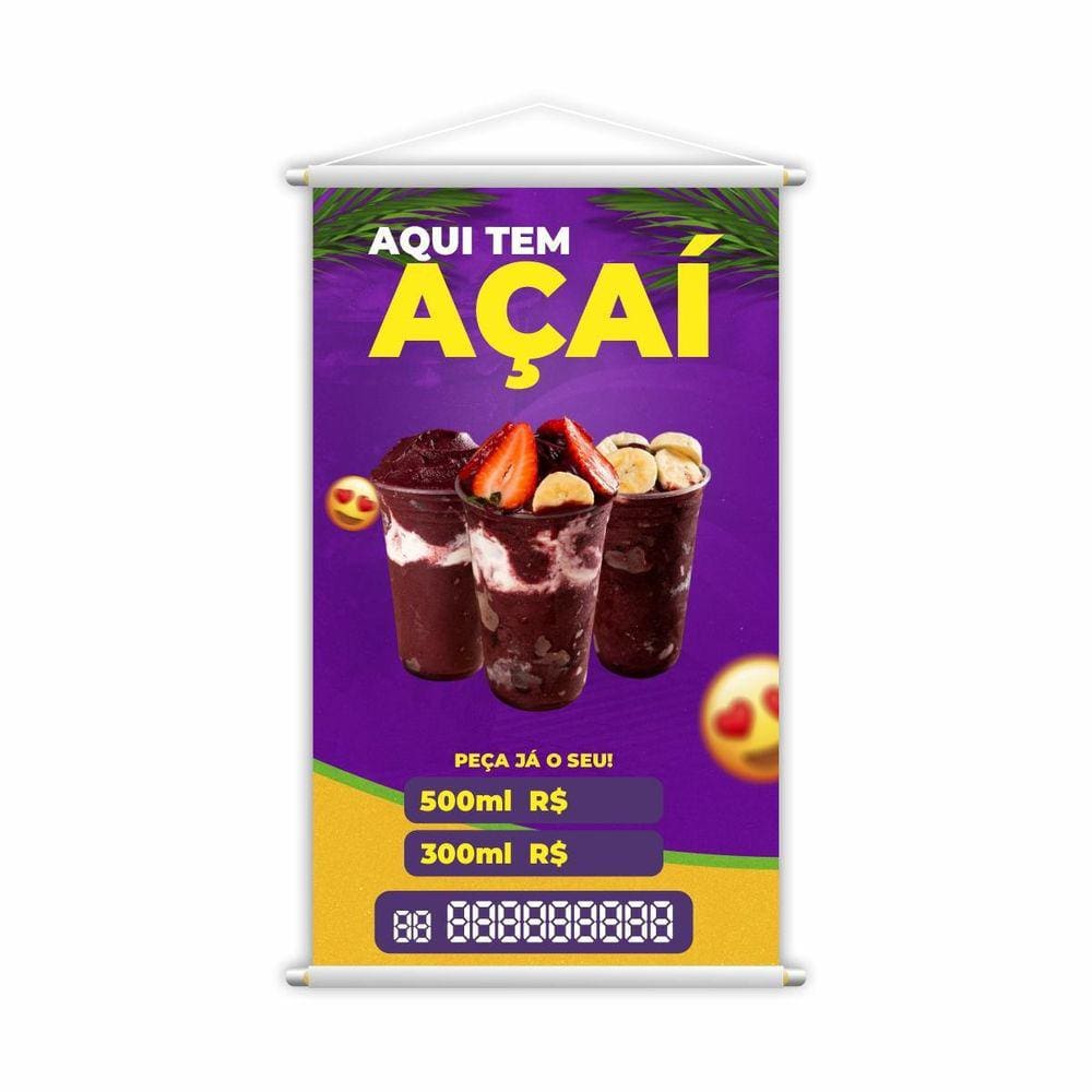 Banner Aqui Tem Açaí Preço Tamanhos Tele  80X50Cm