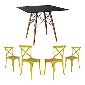 Conjunto De Mesa Eiffel Quadrado Tampo De Madeira 90Cm Preto Com 4 Cadeiras Katrina Amarela Assento