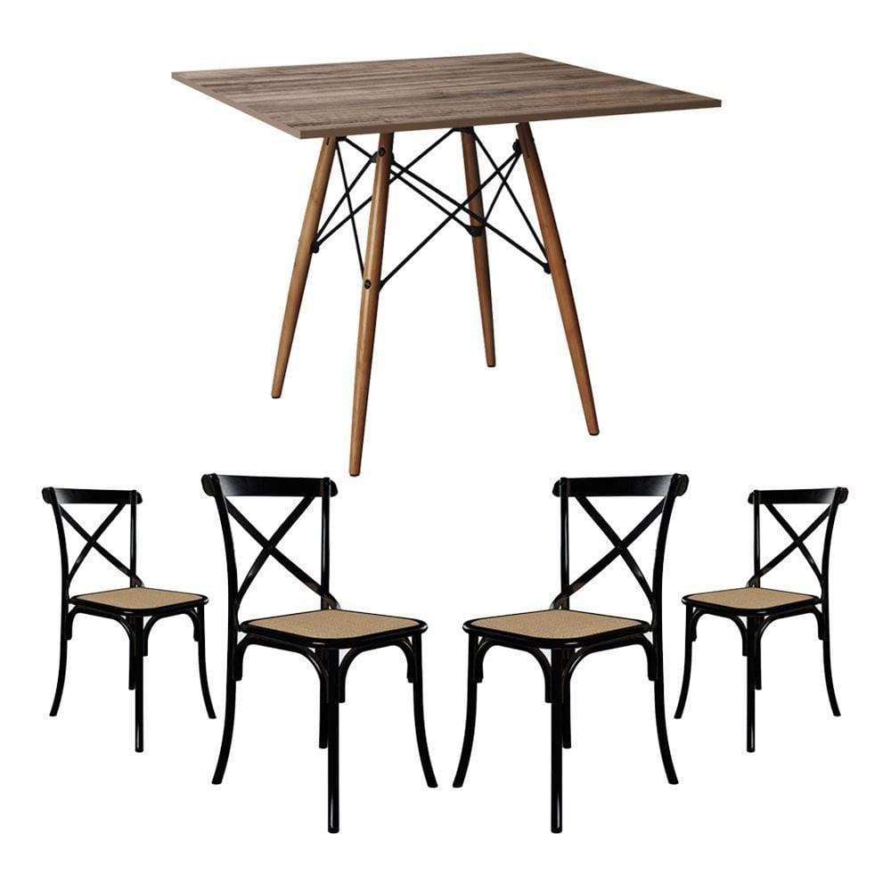 Conjunto De Mesa Eiffel Quadrado Tampo De Madeira 90Cm Amêndoa Com 4 Cadeiras Katrina Preto Assento