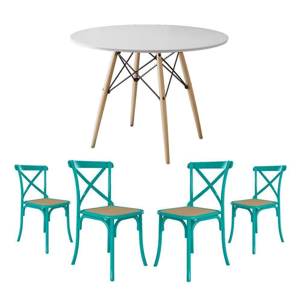 Conjunto De Mesa Eiffel Redondo Tampo De Madeira 90Cm Branco Com 4 Cadeiras Katrina Azul Turquesa