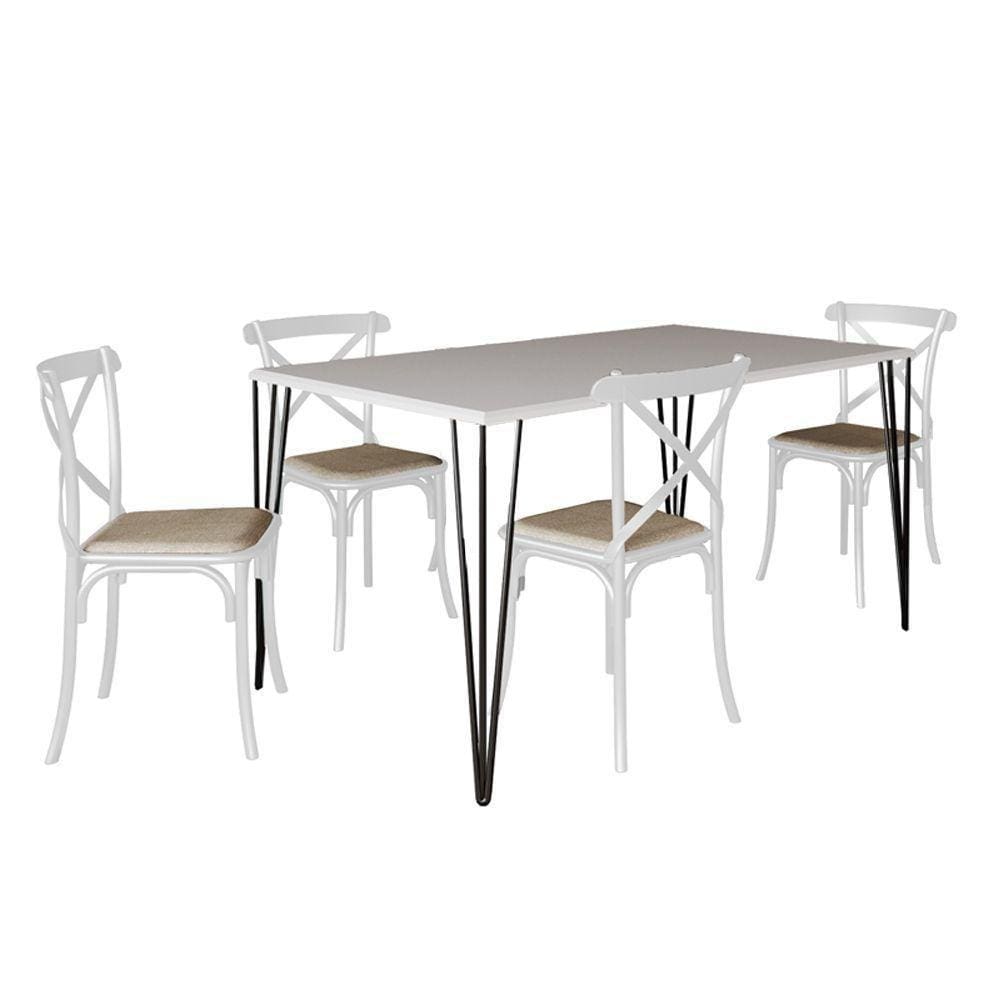 Conjunto De Mesa Elen Retangular Tampo De Madeira 140X80Cm Branco Com 4 Cadeiras Katrina Branca