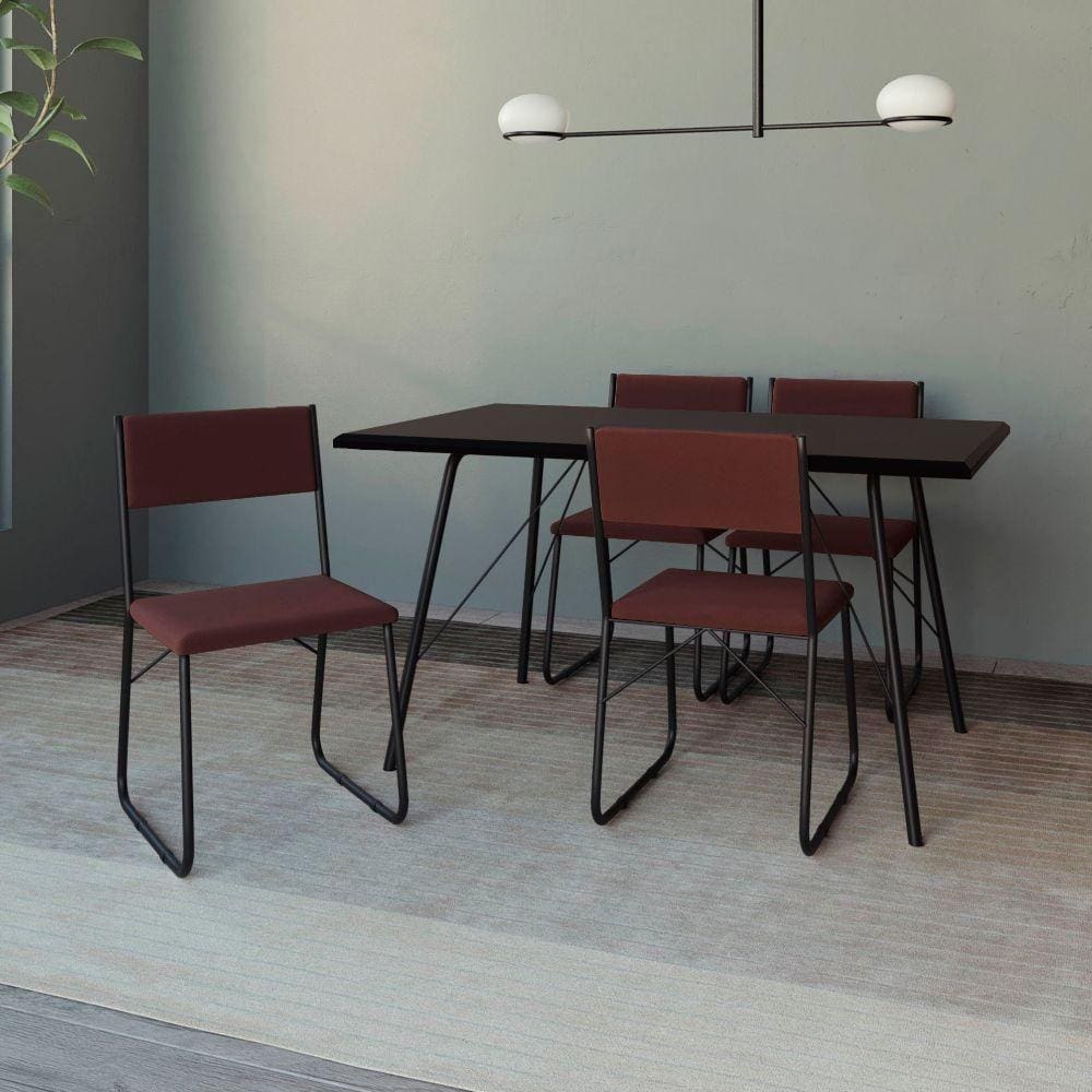 Mesa Jantar Paraty 120Cm Tampo Preto Com 4 Cadeiras Angra Estofadas Preta E Marrom - Cor: Marrom