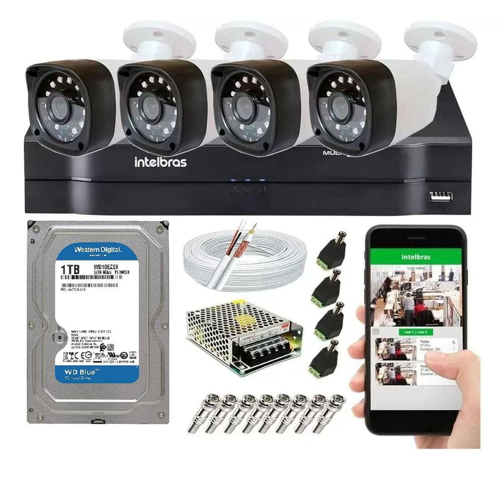 Kit Cftv 4 Câmeras Segurança Hd Dvr Mhdx Intelbras Full hd C/ Hd 1Tb