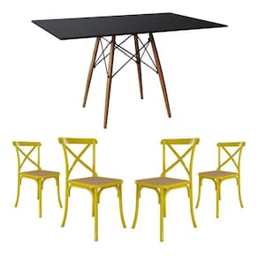 Conjunto De Mesa Eiffel Retangular Tampo De Madeira 120X75Cm Preto Com 4 Cadeiras Katrina Amarela