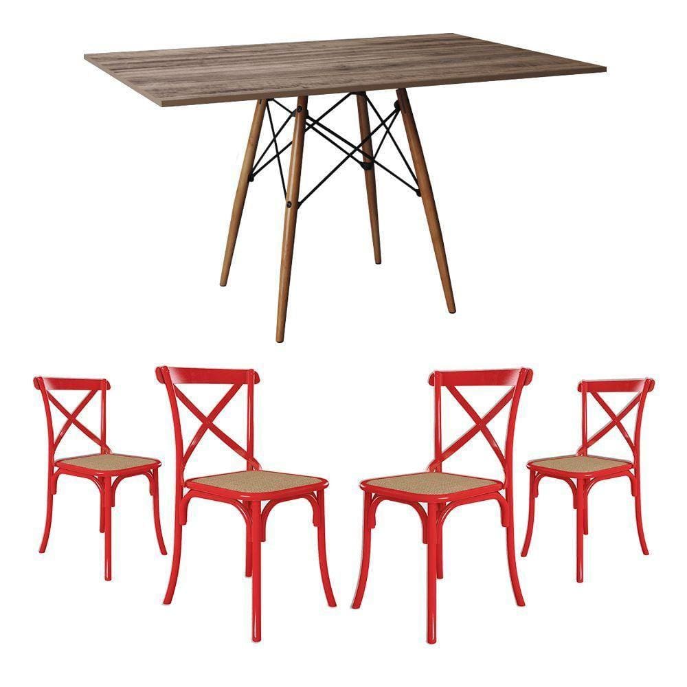 Conjunto De Mesa Eiffel Retangular Tampo De Madeira 120X75Cm Amêndoa Com 4 Cadeiras Katrina Vermelha