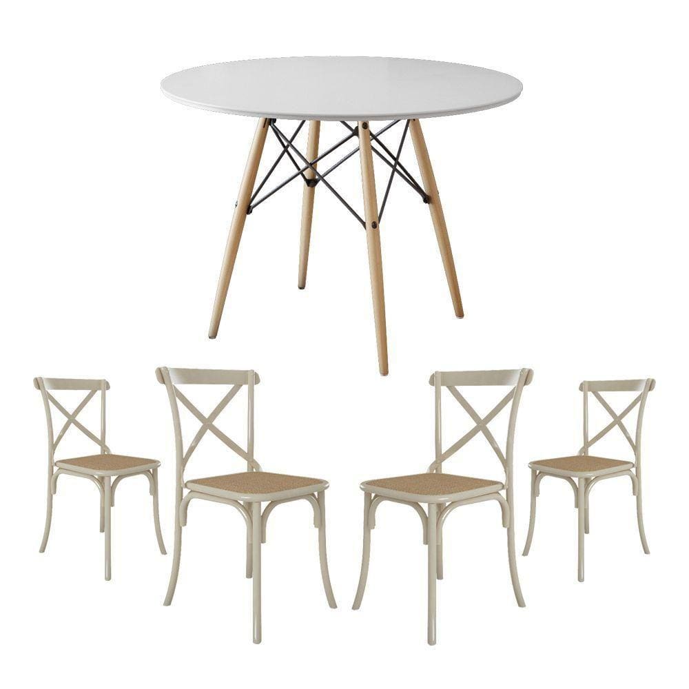 Conjunto De Mesa Eiffel Redondo Tampo De Madeira 110Cm Branco Com 4 Cadeiras Katrina Off White
