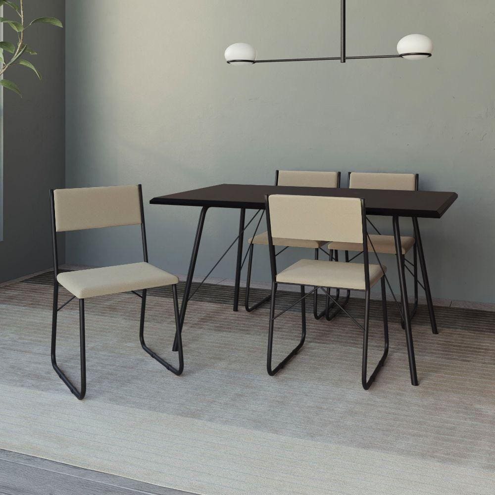 Mesa Jantar Paraty 137Cm Tampo Preto Com 4 Cadeiras Angra Estofadas Preta E Bege - Cor: Preto