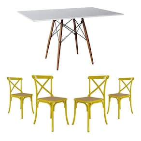 Conjunto De Mesa Eiffel Retangular Tampo De Madeira 120X75Cm Branco Com 4 Cadeiras Katrina Amarela