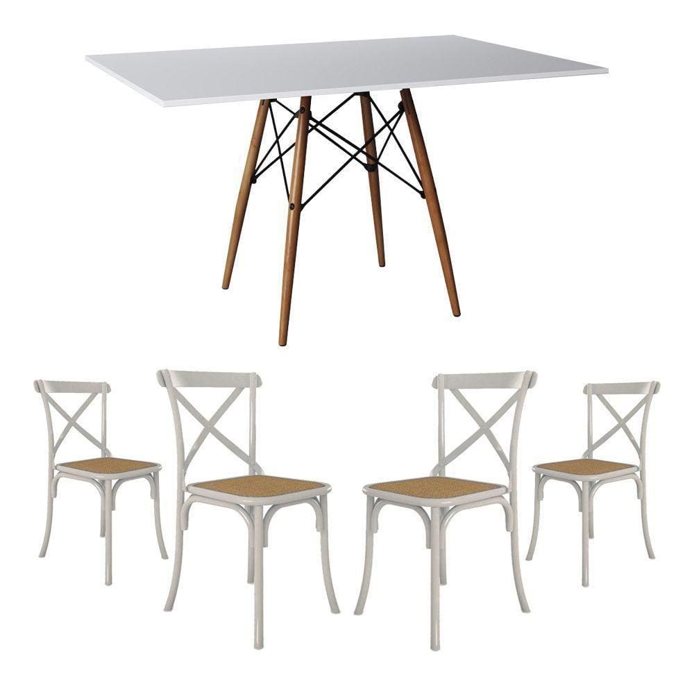 Conjunto De Mesa Eiffel Retangular Tampo De Madeira 120X75Cm Branco Com 4 Cadeiras Katrina Branca
