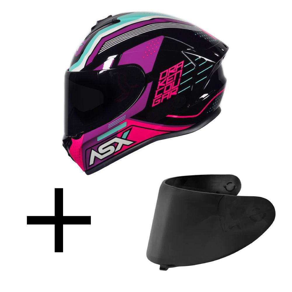 Capacete ASX Draken Cougar Preto e Rosa Mais Viseira Fumê