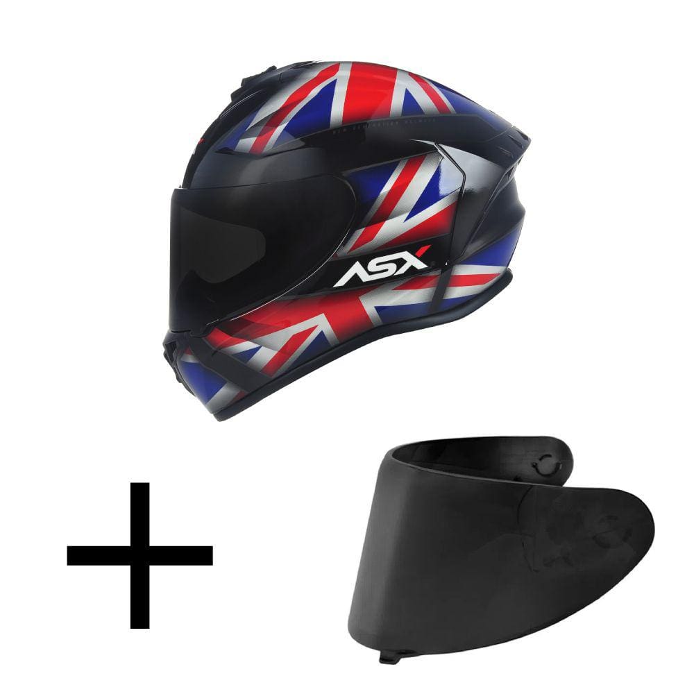 Capacete ASX Draken UK Preto Azul e Vermelho Mais Viseira Fumê