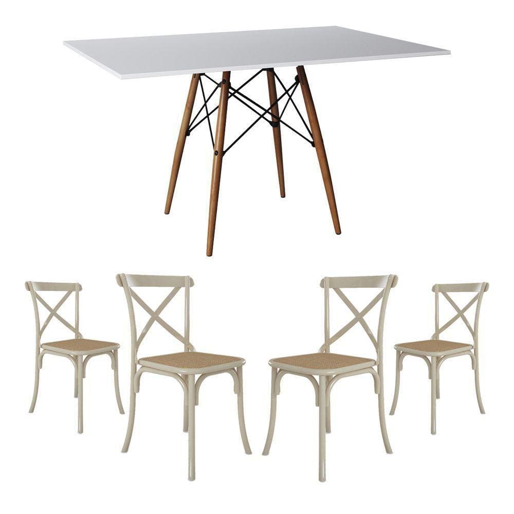 Conjunto De Mesa Eiffel Retangular Tampo De Madeira 120X75Cm Branco Com 4 Cadeiras Katrina Off White