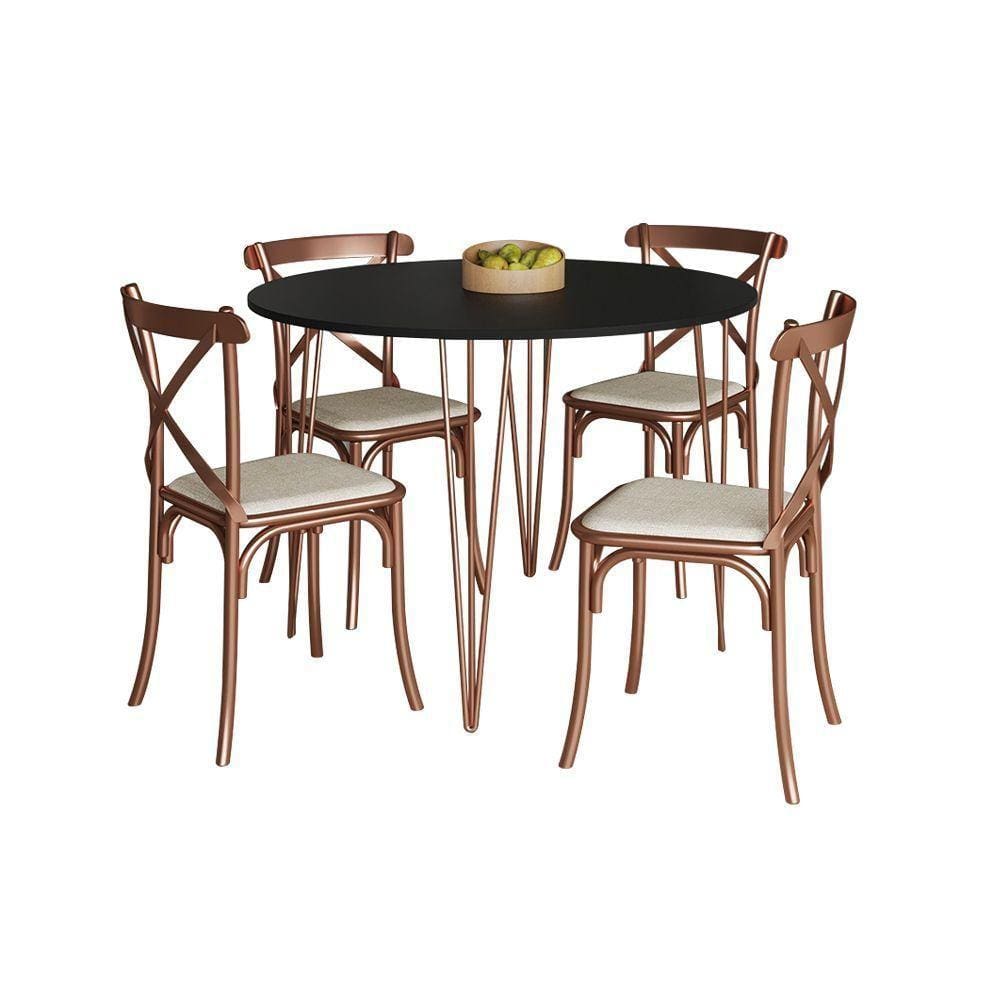 Mesa Com 4 Cadeiras Katrina Cobre Elen Hairpin 110Cm Jantar Preta Base Cobre - Cor: Preto