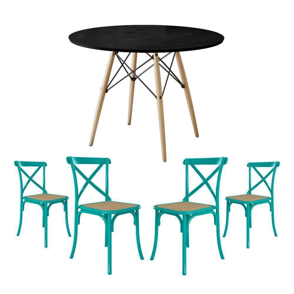 Conjunto Mesa Eiffel Redondo De Madeira 110Cm Preto Com 4 Cadeiras Katrina Azul Turquesao Beg
