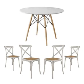 Conjunto De Mesa Eiffel Redondo Tampo De Madeira 110Cm Branco Com 4 Cadeiras Katrina Branca Assento