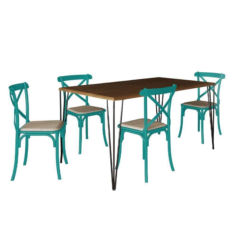 Conjunto De Mesa Elen Retangular Tampo De Madeira 140X80Cm Amêndoa Com 4 Cadeiras Katrina Azul Turqu