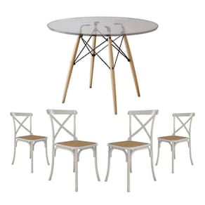 Conjunto De Mesa Eiffel Redondo Tampo De Vidro 110Cm Com 4 Cadeiras Katrina Branca Assento Bege
