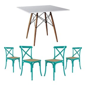 Conjunto De Mesa Eiffel Quadrado Tampo De Madeira 90Cm Branco Com 4 Cadeiras Katrina Azul Turquesa