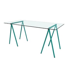 Escrivaninha De Vidro Itaim Cavalete Base Ferro Azul Turquesa - Cor: Branco