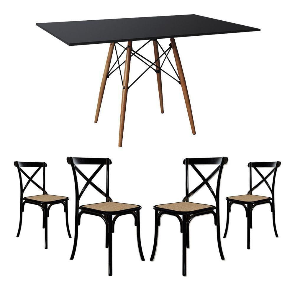 Conjunto De Mesa Eiffel Retangular Tampo De Madeira 120X75Cm Preto Com 4 Cadeiras Katrina Preto