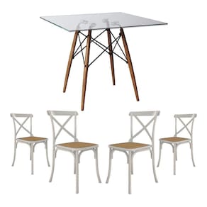 Conjunto De Mesa Eiffel Quadrado Tampo De Vidro 110Cm Com 4 Cadeiras Katrina Branca Assento Bege