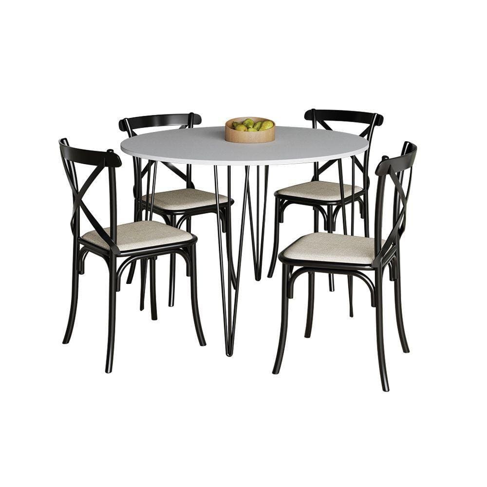Mesa Jantar Redonda Branca Elen 110Cm Hairpin Com 4 Cadeiras Katrina Preta - Cor: Branco