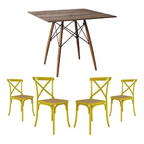 Conjunto De Mesa Eiffel Quadrado Tampo De Madeira 90Cm Amêndoa Com 4 Cadeiras Katrina Amarela