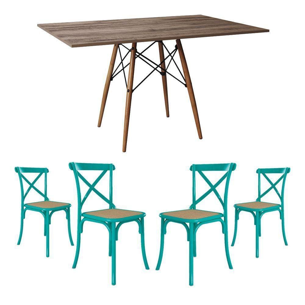 Jogo De Mesa Eiffel Retangular Tampo De Madeira 120X75Cm Amêndoa Com 4 Cadeiras Katrina Azul Turques