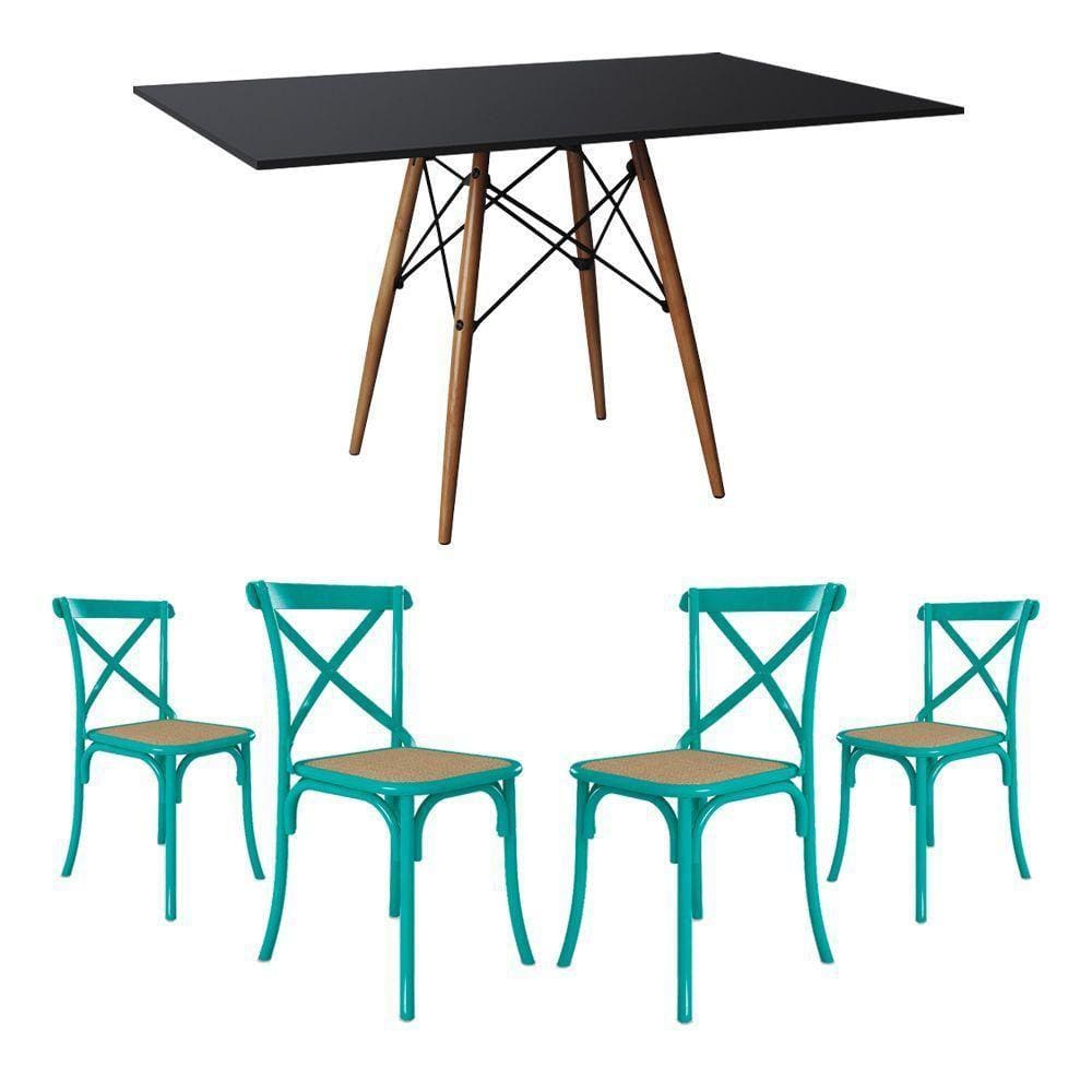 Jogo De Mesa Eiffel Retangular Tampo De Madeira 120X75Cm Preto Com 4 Cadeiras Katrina Azul Turquesa