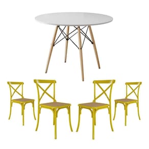 Conjunto De Mesa Eiffel Redondo Tampo De Madeira 90Cm Branco Com 4 Cadeiras Katrina Amarela Assento