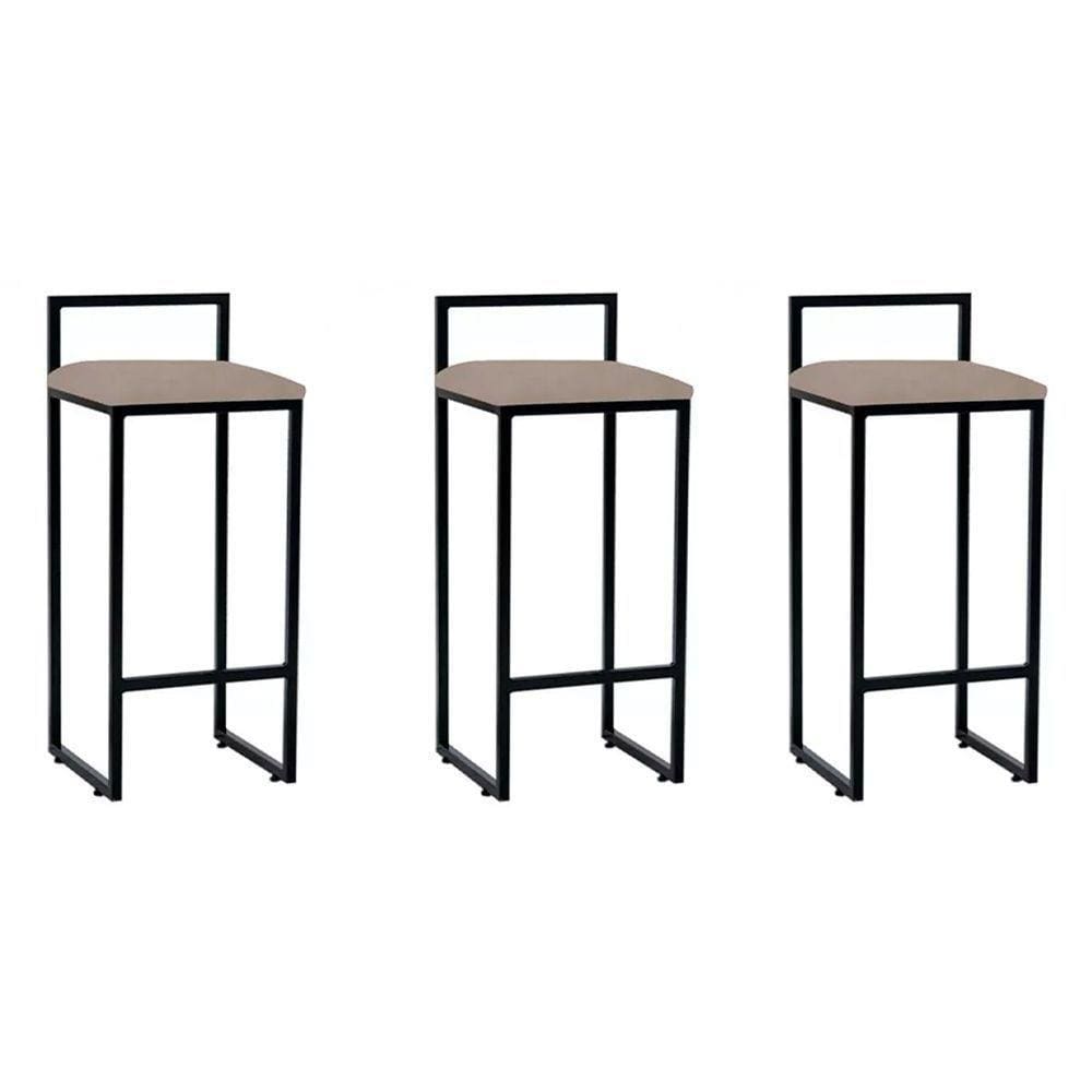 Kit 3 Banquetas Bar Cozinha Bistrô Altas Em Aço Industrial Dori Preta Assento Suede Bege