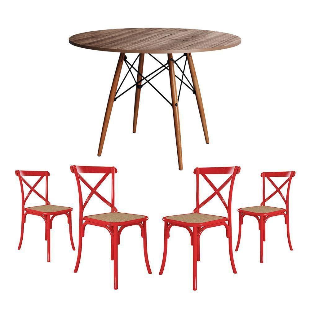 Jogo De Mesa Eiffel Redondo Tampo De Madeira 110Cm Amêndoa Com 4 Cadeiras Katrina Vermelhao B
